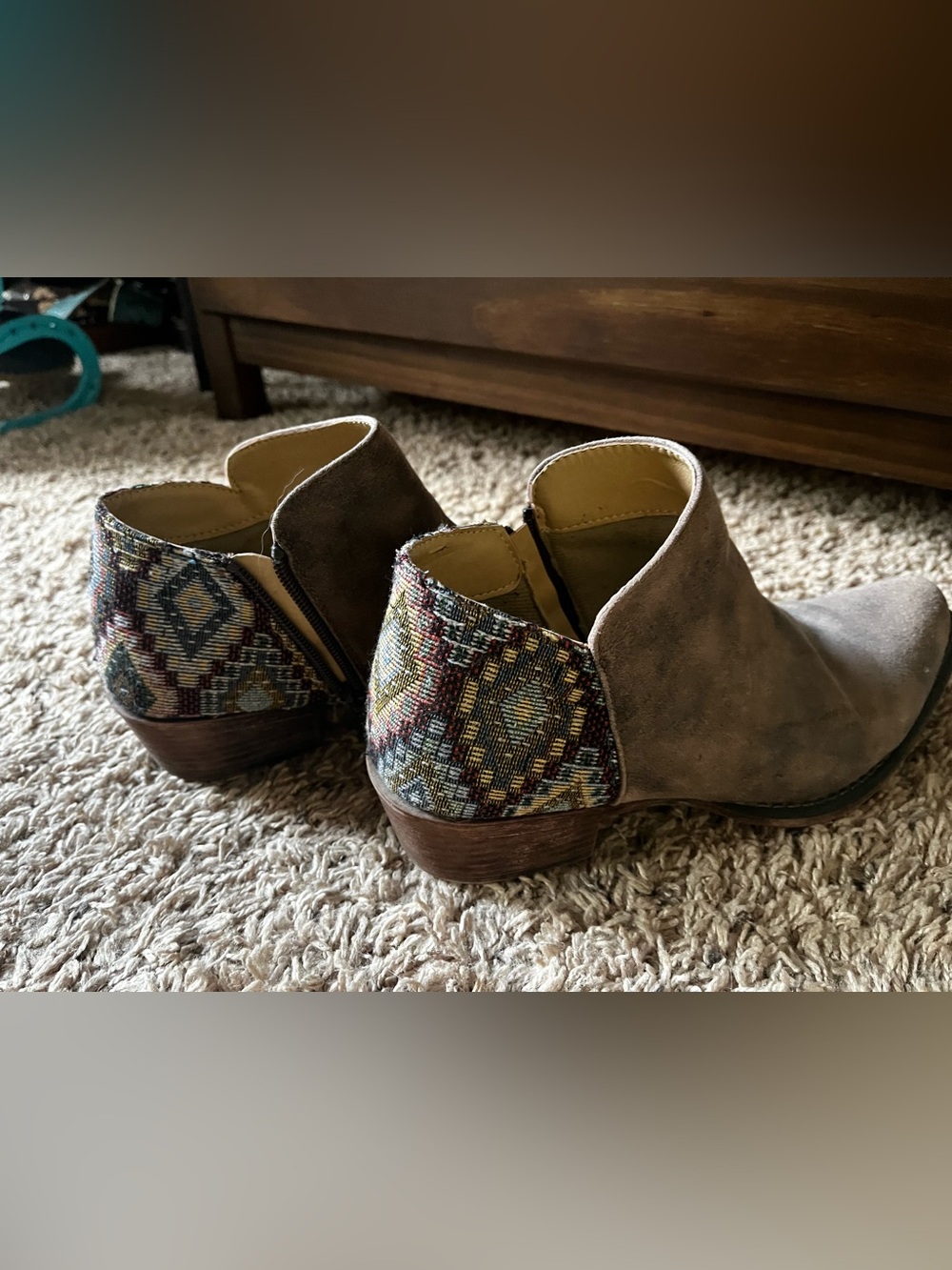 Roper Taupe Suede Ankle Booties with Multicolor Woven Heel